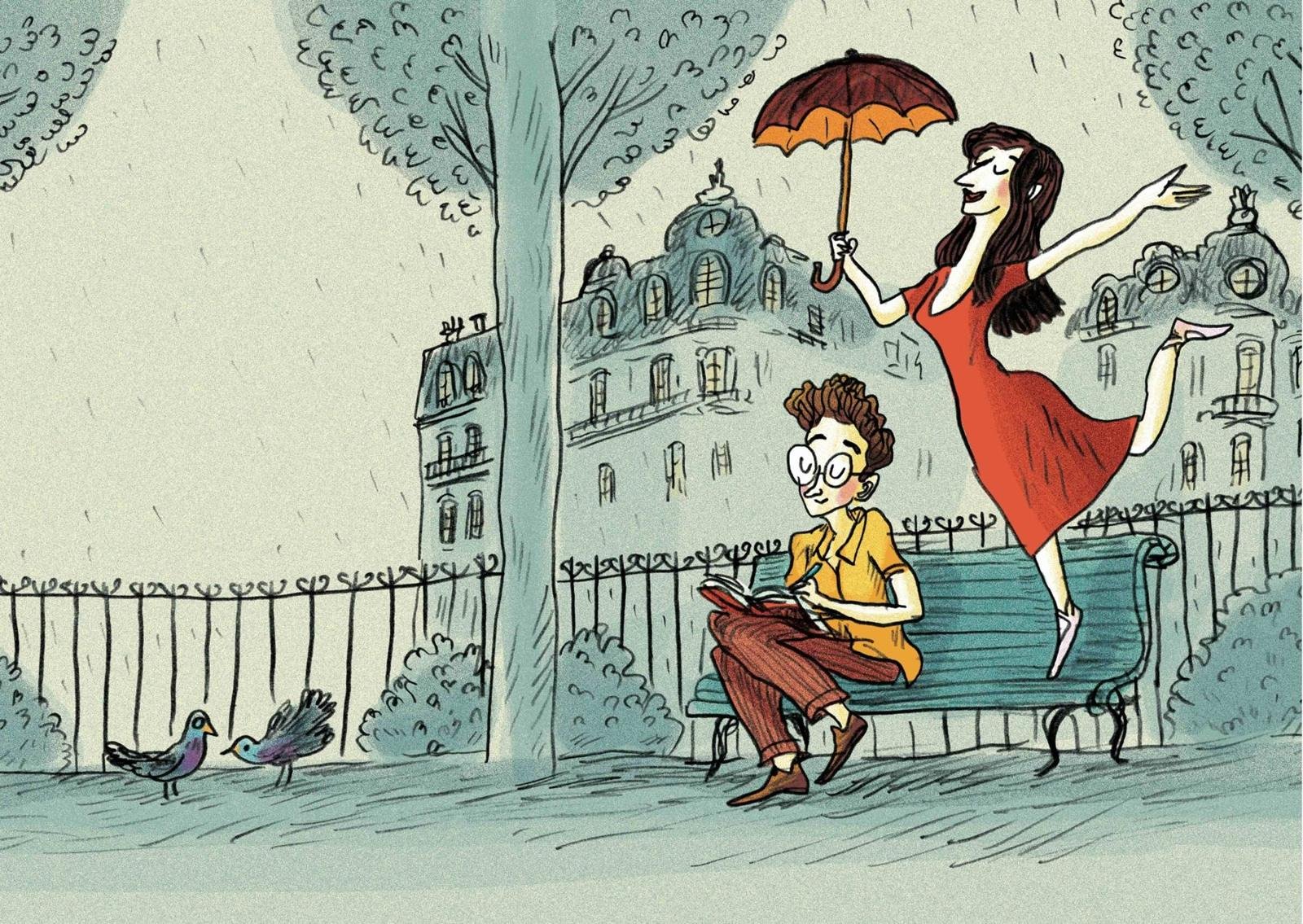 Dessin de Benjamin Chaud : Dexter écrit sur un banc pendant que Louise danse sous un parapluie